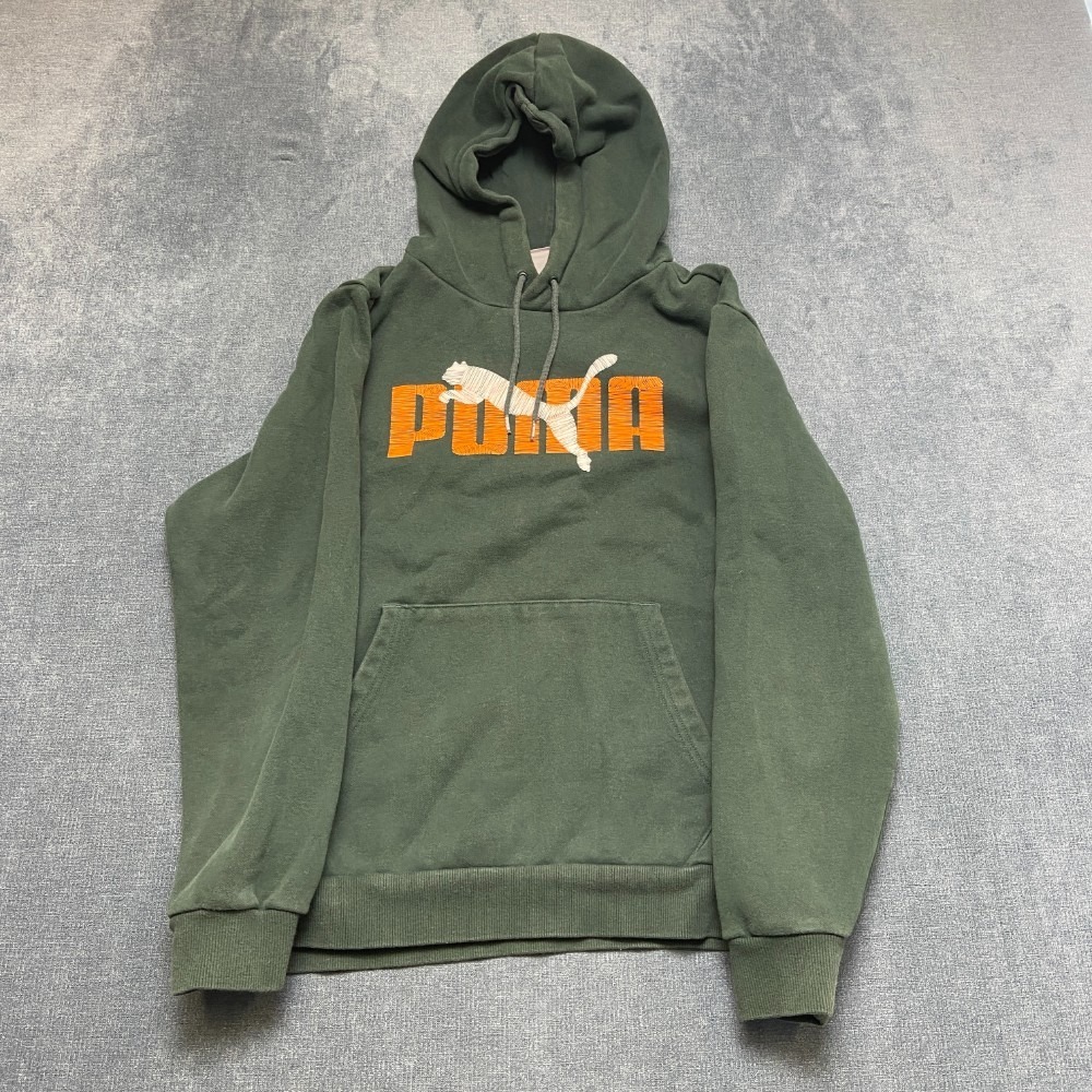 Puma Hoodie Mens Medium Olive Green Spellout Logo Drawstring Kangaroo Pockets